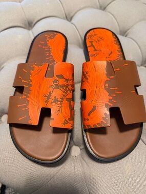 Hermes Brown and Orange Oran Slider Sandals